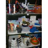 3 shelves of kitchenalia including saucepans, wicker basket, crockpot etc.