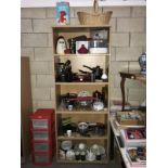 6 shelves of kitchenalia including wicker shopping basket, Pyrex dishes etc.