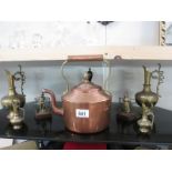 A copper kettle, [air of brass Indian ewers, brass bell,