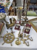 A quantity of brassware including candlesticks and silver plate