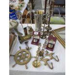 A quantity of brassware including candlesticks and silver plate