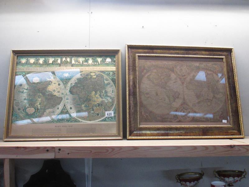 2 framed and glazed world maps