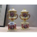 A pair of Vienna lidded vases (1 lid a/f).