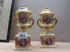A pair of Vienna lidded vases (1 lid a/f).