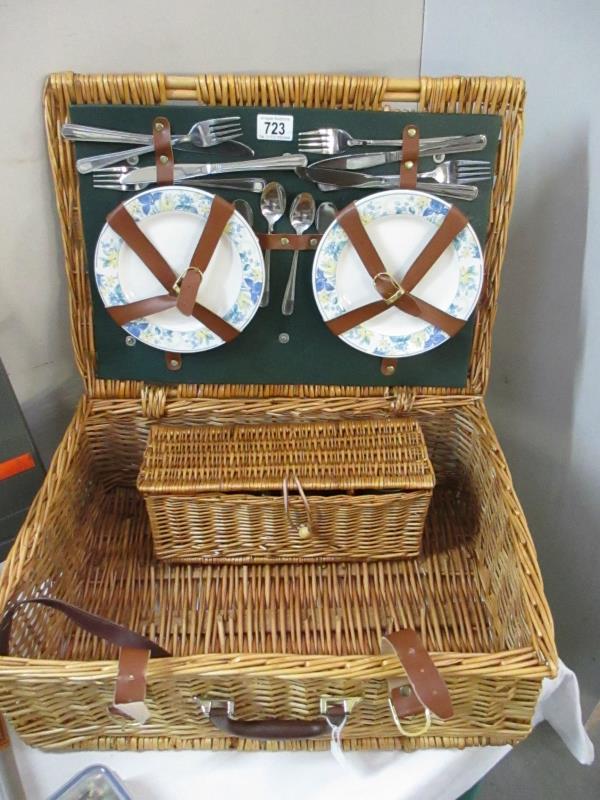 A wicker picnic basket