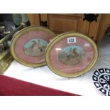 A pair of oval framed and glazed pictures of lady and genetleman riding horses