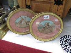 A pair of oval framed and glazed pictures of lady and genetleman riding horses