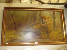 A framed oil on canvas of a Leopard signed F Semmens-Elwick