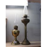 2 brass oil lamp bases and chimneys