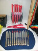 A set of kitchen knives in stand and a set of 12 knives