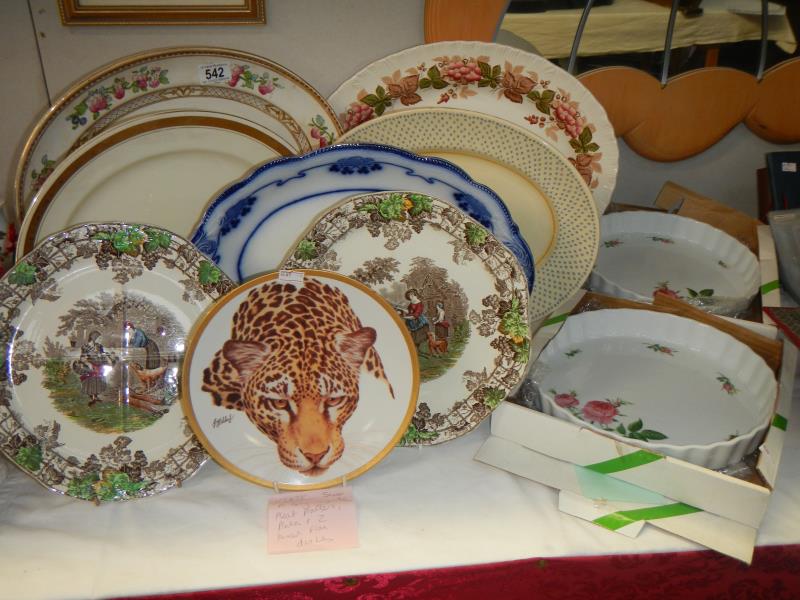 A quantity of meat platters and 2 boxed flan dishes