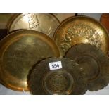 5 brass bowls and plates including a Chinese example and a brass fork