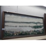 A framed painting on cloth of Mountain Water scene
