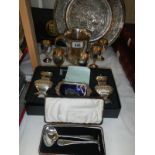 A mixed lot of silver plate including boxed Grenadier condiment set,