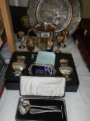 A mixed lot of silver plate including boxed Grenadier condiment set,