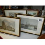 3 framed and glazed etchings and a framed and glazed postcard