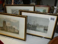 3 framed and glazed etchings and a framed and glazed postcard