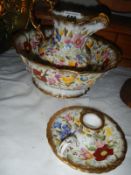 A Hammersley Chintz style jug and bowl set and matching candlestick