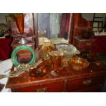 A collection of Carnival glass and glass items