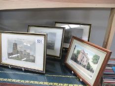 4 framed and glazed etchings including Deptford and Barracks at Woolwich