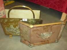 A brass fire screen and brass magazine rack