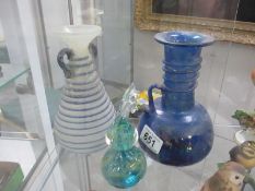 2 early glass carafes and a piece of art glass