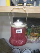 A cranberry biscuit barrel with silver plate lid with handle