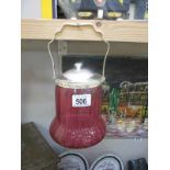 A cranberry biscuit barrel with silver plate lid with handle