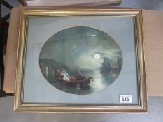 A framed and glazed watercolour of Lady and Gentleman in boat on lake in moonlight