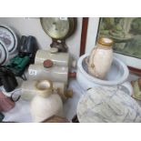 3 stoneware hot water bottles and 2 stoneware bottles and a pot