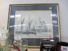 A framed and glazed watercolour of Boats in Harbour