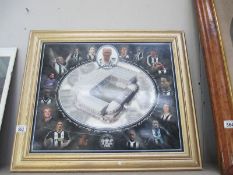 A framed print of the Newcastle FC stadium and players signed by Bobby Robson