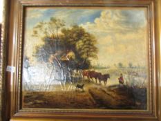 A 19th century primitive landscape oil on canvas 'Cottage and Cart', signed J. W. W.