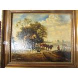A 19th century primitive landscape oil on canvas 'Cottage and Cart', signed J. W. W.