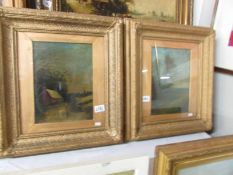 A pair of gilt framed 19th century oil on board 'Cottage' and 'Country Landscape' signed P.W.