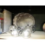2 silver plate trays and a matching set containing teapot, hot water pot,