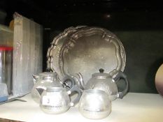 2 silver plate trays and a matching set containing teapot, hot water pot,