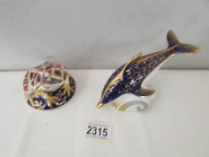 2 Royal Crown Derby paperweights being a frog and a dolphin both with gold stoppers.