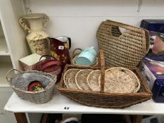 A barge ware painted enamel jug & quantity of baskets etc.