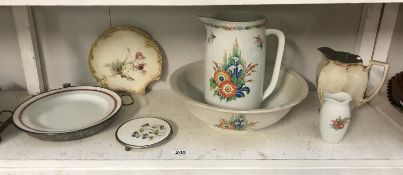 An Edwardian jug and basin set and a 19th century riveted Royal Worcester plate etc.