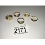 5 assorted gold rings including signets (4 Hallmarked 9ct, 1 tested as gold,