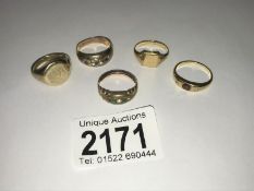 5 assorted gold rings including signets (4 Hallmarked 9ct, 1 tested as gold,