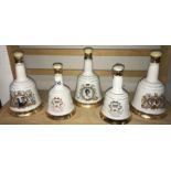 5 Commemorative Bells whisky bells with contents (1 stopper A/F)