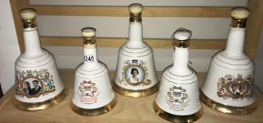 5 Commemorative Bells whisky bells with contents (1 stopper A/F)