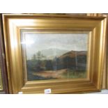 A gilt framed and glazed oil on canvas landscape, signed A.J. Redfern, image 38 x 30 cm.