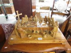 A carved olive wood figural group "The Last Supper" and an alter cross.
