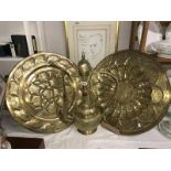 2 pierced brass plaques & a brass coffee pot