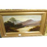 A gilt framed oil oncard 'Cattle watering in a Highland loch', signed T wood. Image 60 x 30 cm.