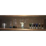 A quantity of art glass spill vases, coloured glasses, basket vase etc.