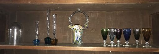 A quantity of art glass spill vases, coloured glasses, basket vase etc.